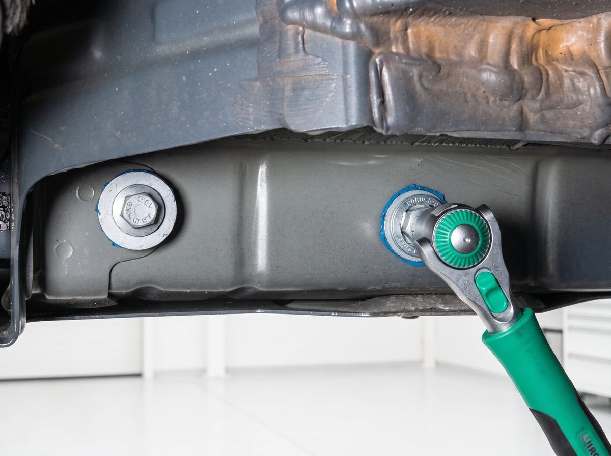 Pose d'un attelage sous un véhicule avec clé à cliquet par un technicien